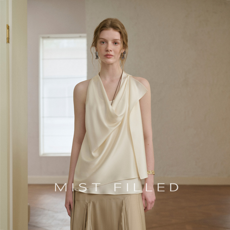 Mist Filled French-Style Swing Collar Acetate Tencel Sleeveless Vest Relaxed Fit Top