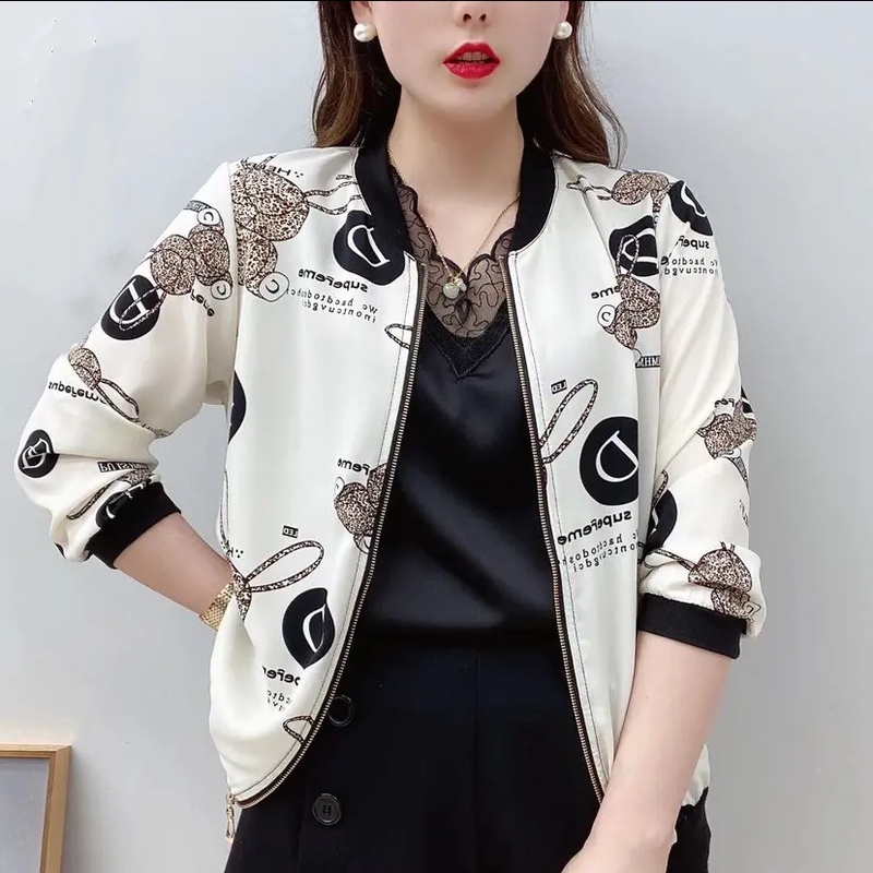 Mother's Wear Chiffon Printed Fashion Cardigan Long-Sleeved Jacket 2024 Spring New Large Size Loose Versatile Baseball Jacket