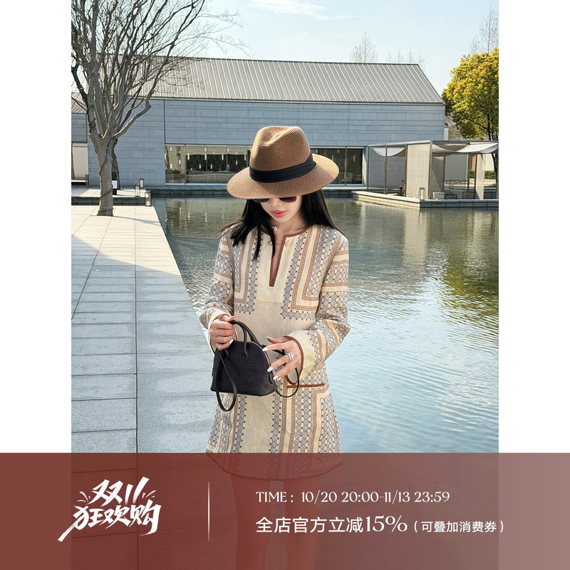 Liu Xiongxiong Mcmax【Seattle】Slimming Printed Linen Long-Sleeve Dress French-Style Elegant Short Dress