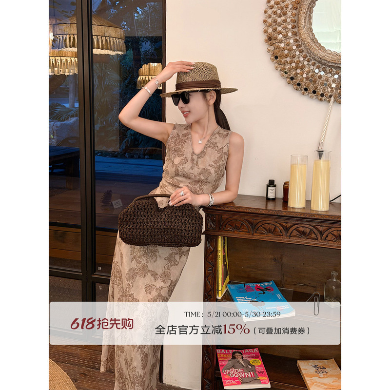 Liu Xiongxiong Mcmax【Rum Dress】Sleeveless Floral Dress Printed Tank Dress Beautiful Cinched Waist Long Dress
