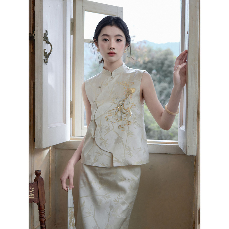 Mopassant【Leaping Carp Song】New Chinese-Style Engagement Wedding Embroidered Sleeveless Vest Hanfu Suit for Women Mopassant【Leaping Carp Song】New Chinese-Style Engagement Wedding Embroidered Sleeveless Vest Hanfu Suit for Women