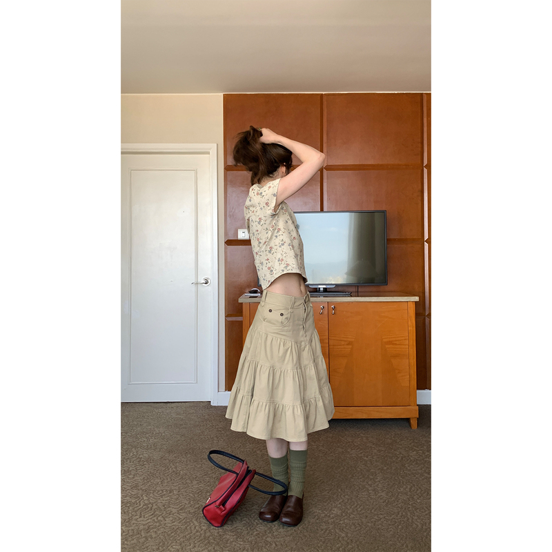 Xxdeli Fragrant Pear Vintage Pleated Layered Ruffle Trim Casual Versatile Slimming Mid-Length Tiered Dress