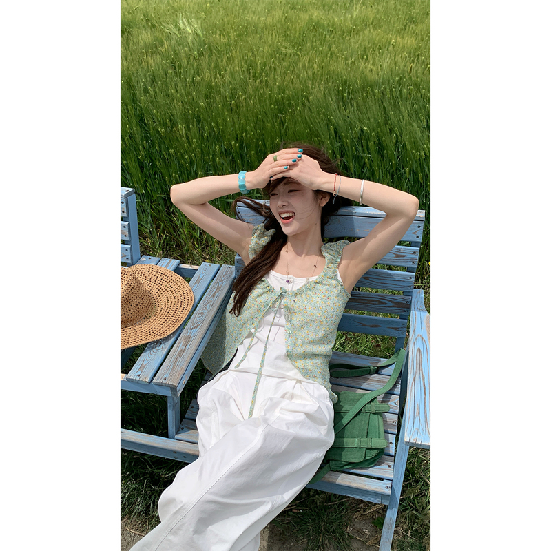 Xxdeli Fragrant Pear Korean Style Fresh and Sweet Floral Puff Sleeve Mesh Drawstring Tie Cardigan Top