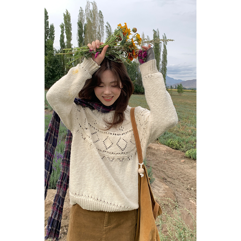 Xxdeli Fragrant Pear Vintage Artistic Hollow-Out Diamond Pattern Lazy Style Chunky Knit Pullover Long-Sleeve Sweater Knitwear