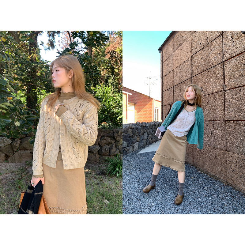 Xxdeli Fragrant Pear Korean Retro Lazy Style Hollow Crochet Twist Knit Cardigan Sweater Jacket
