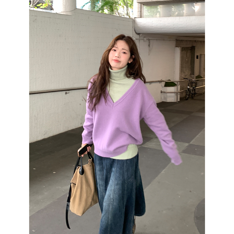 Xxdeli Fragrant Pear 100% Wool Sweet Purple Korean Style Knitwear Autumn and Winter Pullover Knit V-Neck Sweater Xxdeli Fragrant Pear 100% Wool Sweet Purple Korean Style Knitwear Autumn and Winter Pullover Knit V-Neck Sweater