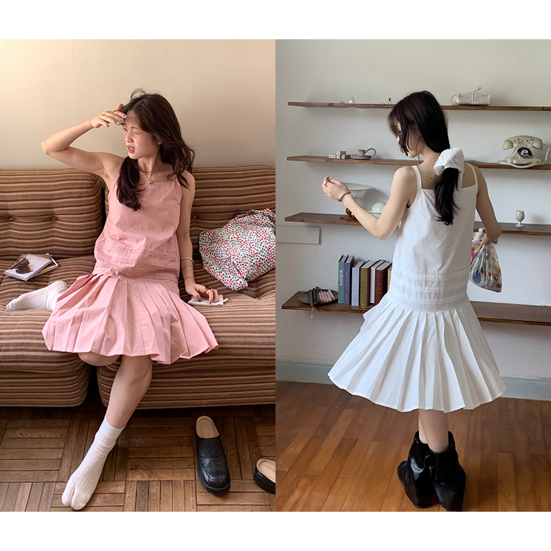 【Fragrant Pear】Simple Patchwork Pleated Spaghetti Strap Dress 2025 Summer Korean Style Slimming Sleeveless Tank Dress