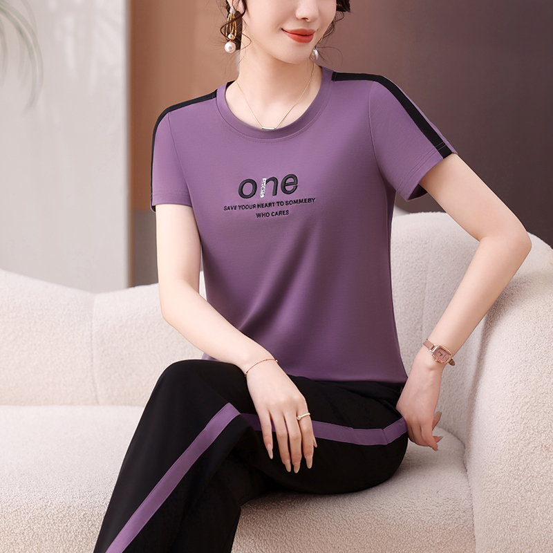 Casual Sports Suit for Women, New Summer Style, Stylish Letter Short-Sleeved T-Shirt, Round Neck Trousers, Middle-Aged Classy Two-Piece Set Casual Sports Suit for Women, New Summer Style, Stylish Letter Short-Sleeved T-Shirt, Round Neck Trousers, Middle-Aged Classy Two-Piece Set