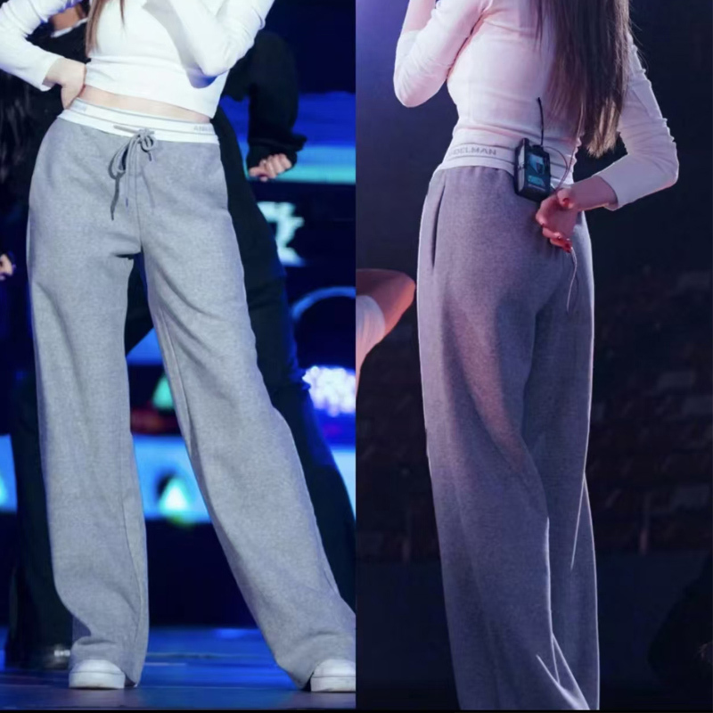 An Cyndi Wang Style Elastic Waist High-Waisted Letter Print Wide-Leg Pants Drapey Straight-Leg Sweatpants Spring and Autumn Wool Glutinous Rice Pants