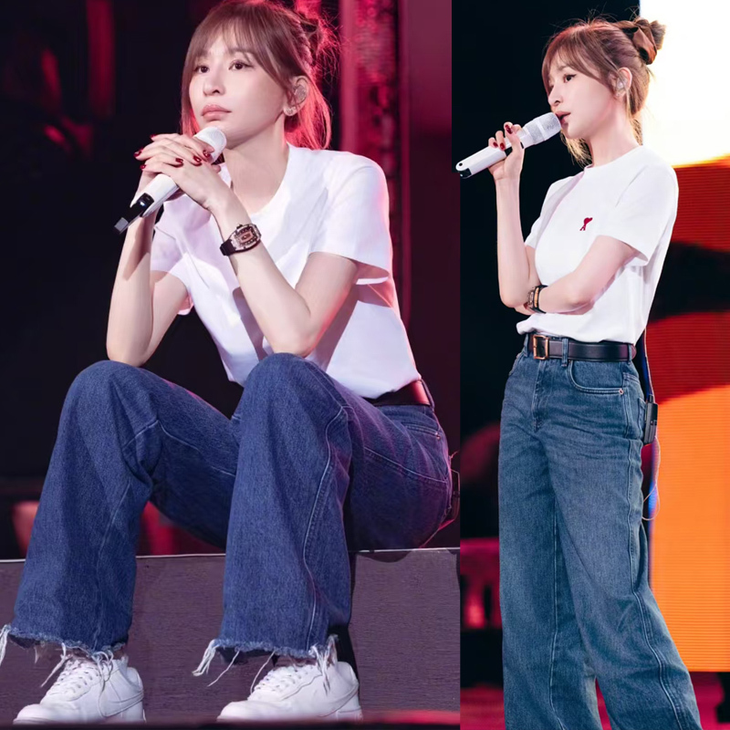 Cyndi Wang Concert Style Light Blue Loose Straight-Leg Pants High-Waisted Wide-Leg Jeans Frayed Hem Cigarette Pants for Women