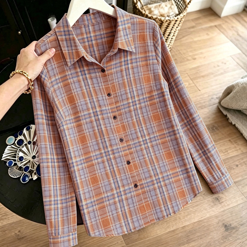 Fashionable Pure Cotton Plaid Long-Sleeve Shirt for Women, 2026 Spring and Autumn New Style, Simple and Versatile Slimming Shirt for Middle-Aged Mothers Fashionable Pure Cotton Plaid Long-Sleeve Shirt for Women, 2026 Spring and Autumn New Style, Simple and Versatile Slimming Shirt for Middle-Aged Mothers