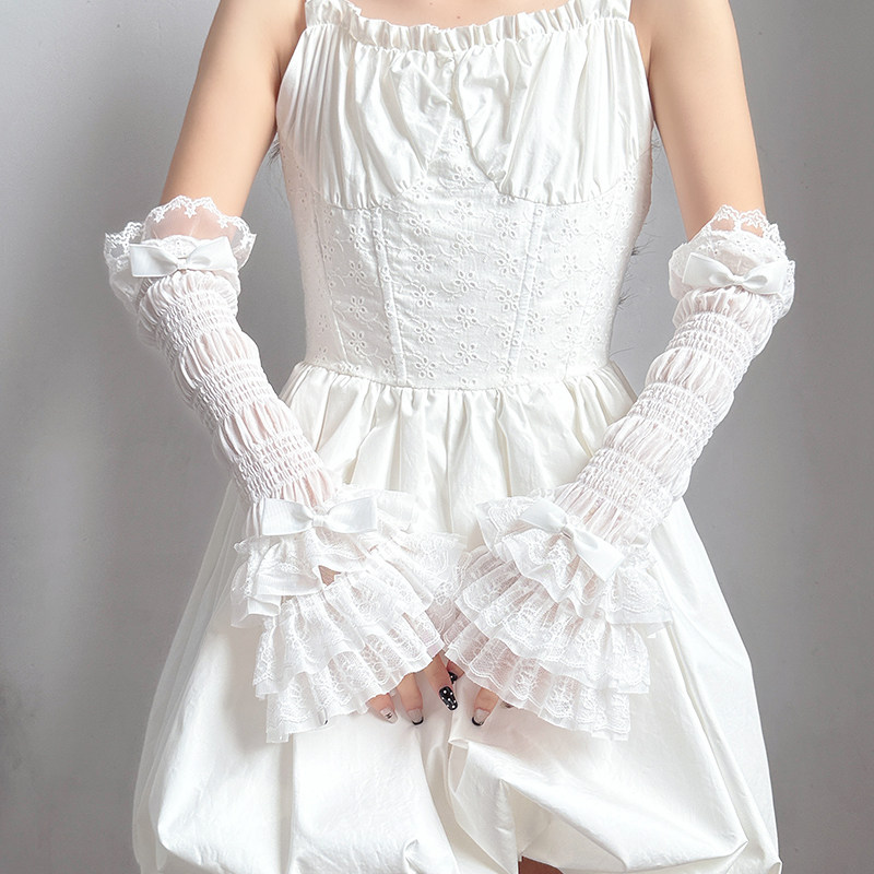 Xia Nuoxiu Caiya Culture Lolita Lace Trim Gloves Thin Bow Sleeves Versatile Y2K Arm Sleeves