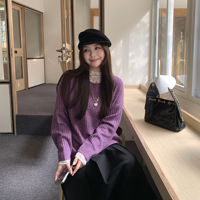 Sadsoil Purple Sweater Pullover Knit Top + Floral Ruffled Collar Inner Layer Early Autumn Lazy Style Loose Top Sadsoil Purple Sweater Pullover Knit Top + Floral Ruffled Collar Inner Layer Early Autumn Lazy Style Loose Top