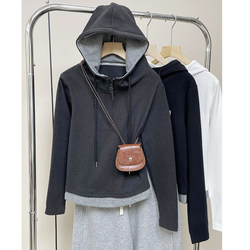 Plus-Size European-Style Spring New Hooded Sweatshirt for Women, Fashionable Color-Blocking Design, Half-Zip, Slimming Long-Sleeve T-Shirt