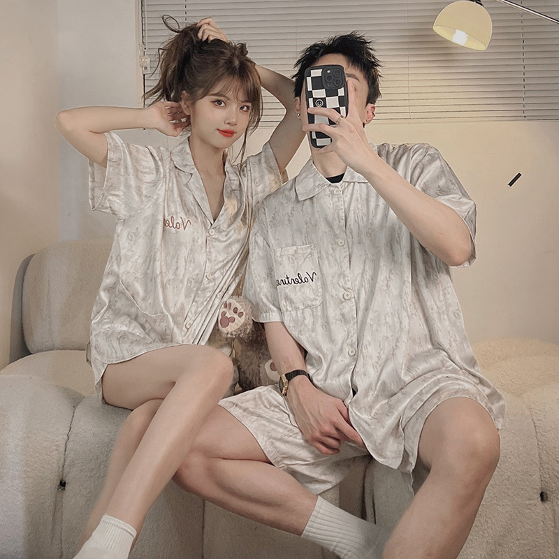 Pure Cotton Couple's Pajamas, Summer Ice Silk Short-Sleeve Women's Thin Style, 2026 New Cute Men's Summer Loungewear
