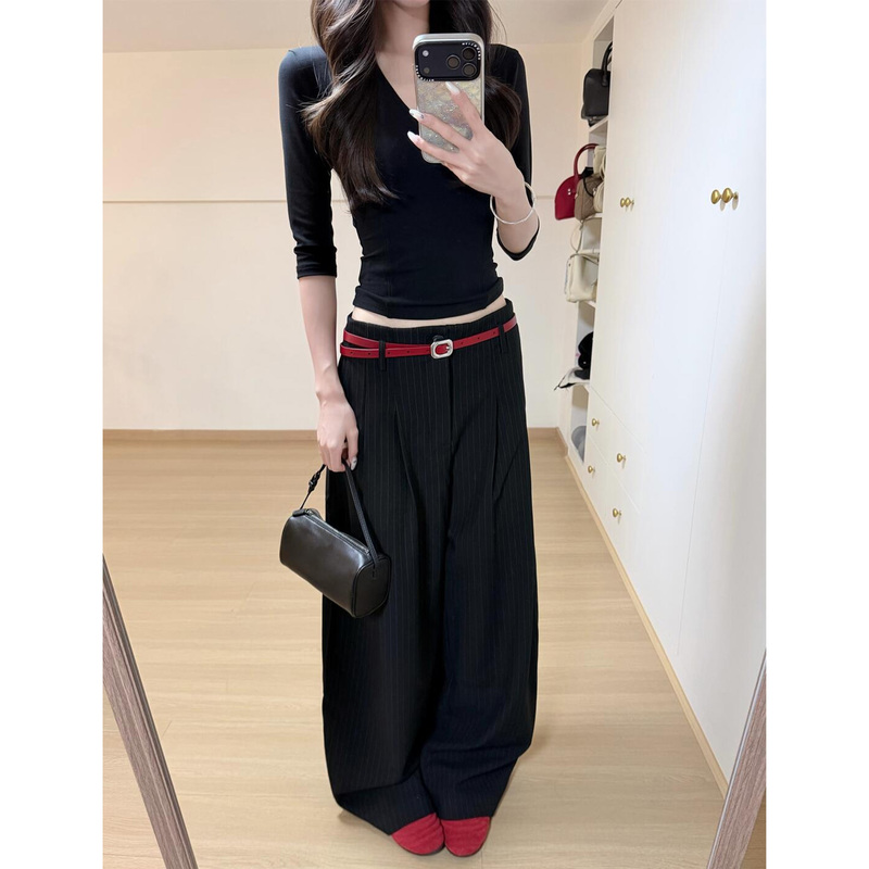 Korean Style Striped Wide-Leg Pants, Super Stylish 2026 New Elegant Long Pants Two-Piece Set for Early Autumn Women