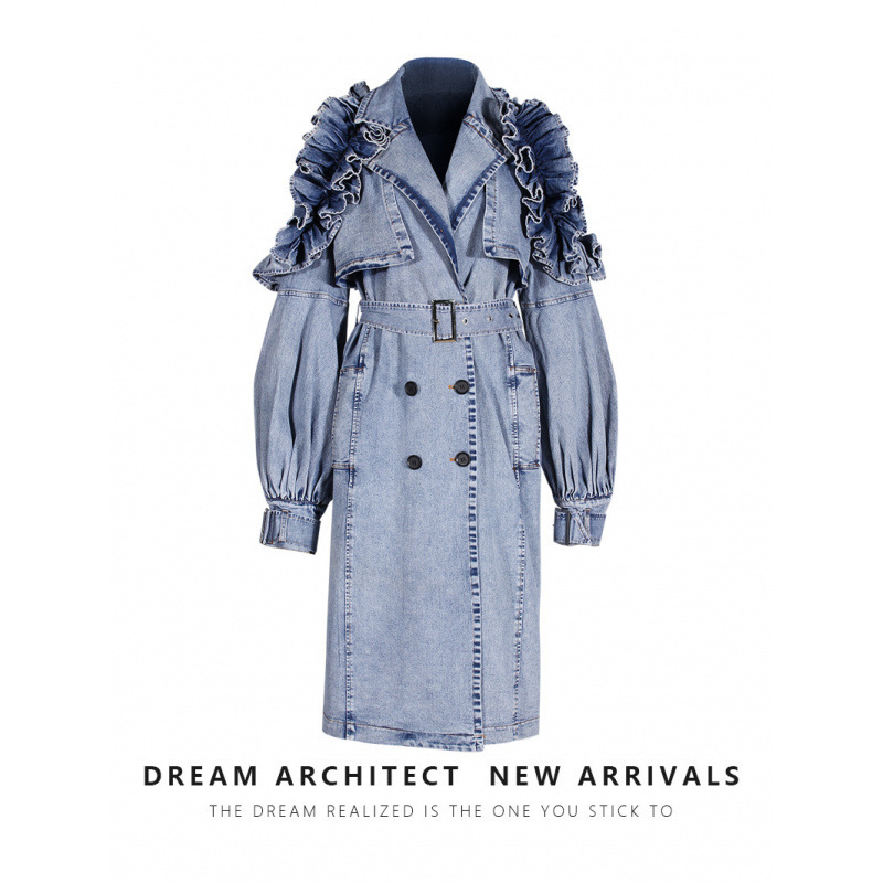 European and American Style Personalized Denim Trench Coat 2025 Autumn and Winter New Women's Fashion Waist-Cinched Denim Ruffle Trench Coat Jacket European and American Style Personalized Denim Trench Coat 2025 Autumn and Winter New Women's Fashion Waist-Cinched Denim Ruffle Trench Coat Jacket