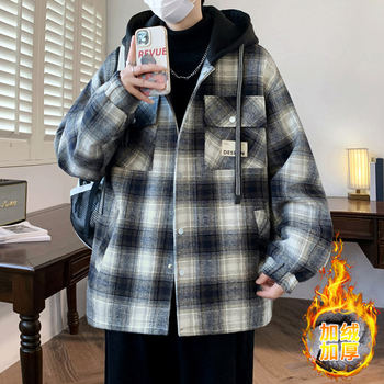 Woodpecker Autumn and Winter Style Fleece-Lined Thick Plaid Jacket for Boys, Stylish Jacket for Middle and High School Students, Cotton-Padded Jacket for Older Children