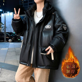 Woodpecker Pu Leather Cotton Jacket for Men, New Winter Thickened Hooded Cotton Coat, Loose Trendy Puffer Jacket for Teenagers