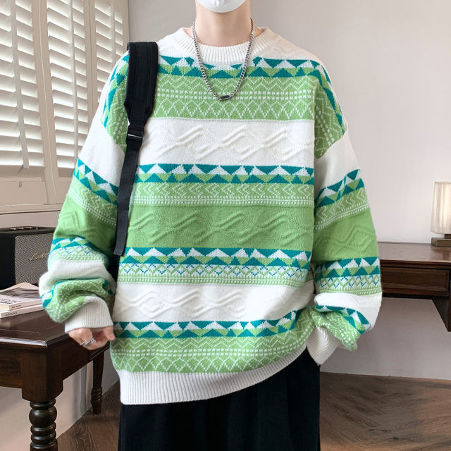 Woodpecker Striped Sweater for Men, Casual Round Neck, Couple's Soft and Cozy Lazy Style, Retro Patchwork Warm Knitwear, Trendy