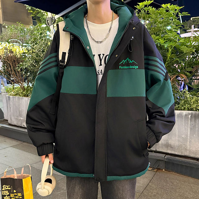 Woodpecker Workwear Jacket for Men, Autumn and Winter Style, Trendy Color-Blocking Hooded Jacket, Student Fleece-Lined Thickened Warm Coat