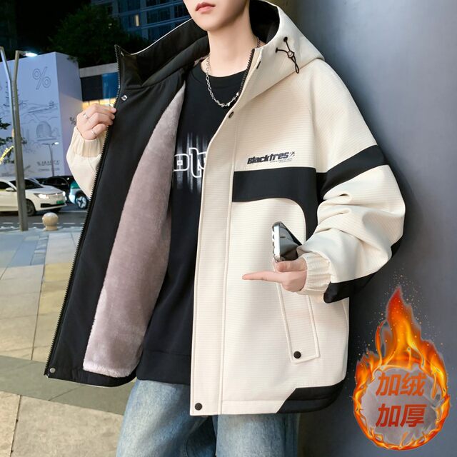 Woodpecker velvet thickened jacket men's winter 2025 new loose hooded workwear youth cold-proof cotton coat pure