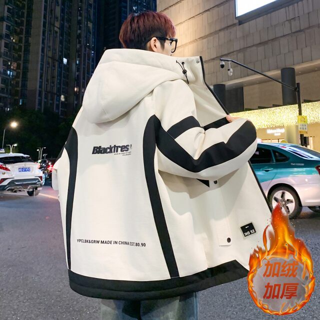 Woodpecker velvet thickened jacket men's winter 2025 new loose hooded workwear youth cold-proof cotton coat pure