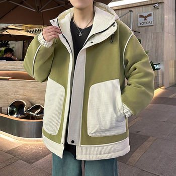 Woodpecker Color-Blocked Cotton Jacket for Men, Autumn and Winter Hooded Padded Warm Jacket, Men's American Retro Cotton Coat