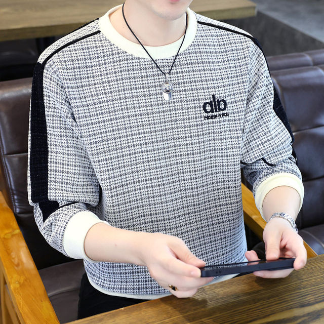 Woodpecker high quality embroidered round neck sweatshirt men's trendy casual pullover long-sleeved bottoming shirt plaid top clothes