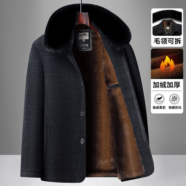 Woodpecker Winter Fleece-Lined Thickened Chenille Coat for Middle-Aged and Elderly Men, Winter Woolen Coat, Dad's Warm Cotton Jacket