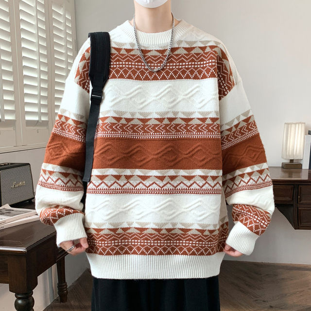 Woodpecker Striped Sweater for Men, Casual Round Neck, Couple's Soft and Cozy Lazy Style, Retro Patchwork Warm Knitwear, Trendy