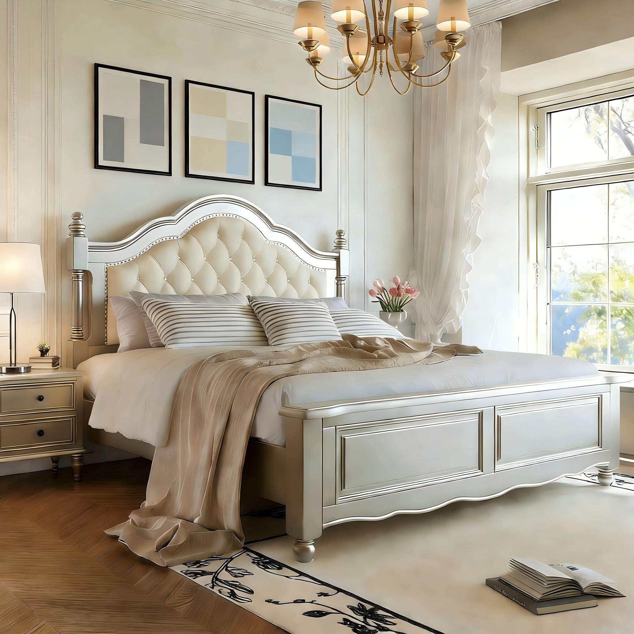 Meike Silver アメリカンスタイル ライトラグジュアリー 無垢材ベッド マスターベッドルーム 布張り プリンセスベッド 1.8m ダブルベッド フレンチホワイト ウェディングベッド