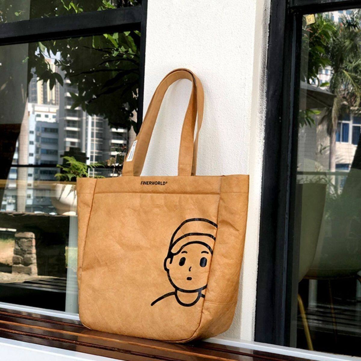 Finer Washable Waterproof Kraft Tyvek Shoulder Bag, Large-Capacity Paper Tote - Thumbnail 4