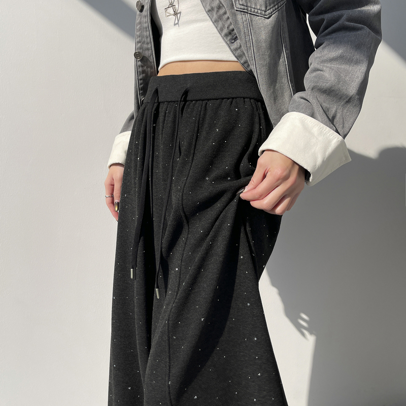 Black Sequin Crescent Pants for Women, Spring 2026 New Style, High-Waisted, Drapey, Rhinestone Wide-Leg Pants