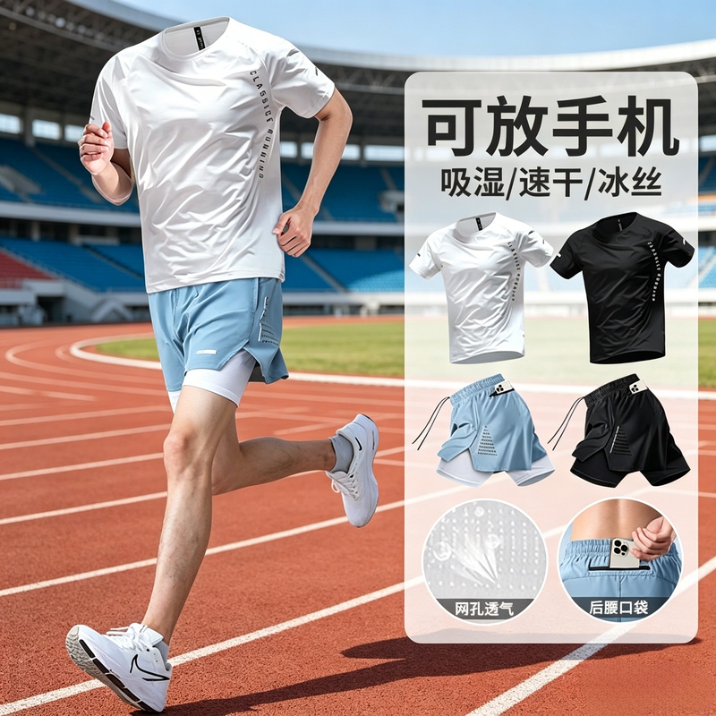 German New Running Men's Sports Suit Quick-Drying Fitness Clothes Summer Ice Silk Short-Sleeved Shorts Marathon Training