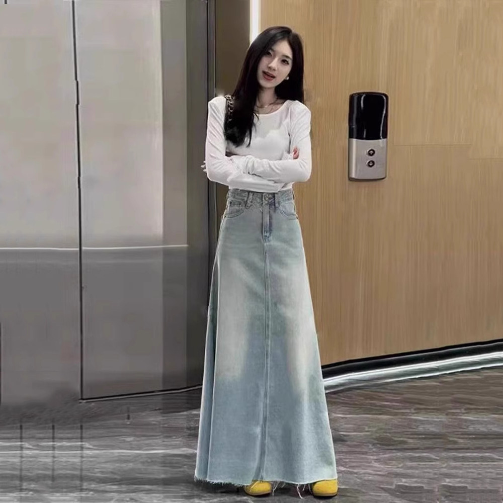 2025 summer new korean style high-waisted washed denim skirt