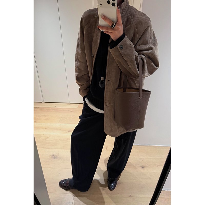 【Li Hihi Leheihei】Mixed Suede Genuine Leather Sheepskin Jacket, Mid-Length, Turn-Down Collar, Women's 267856