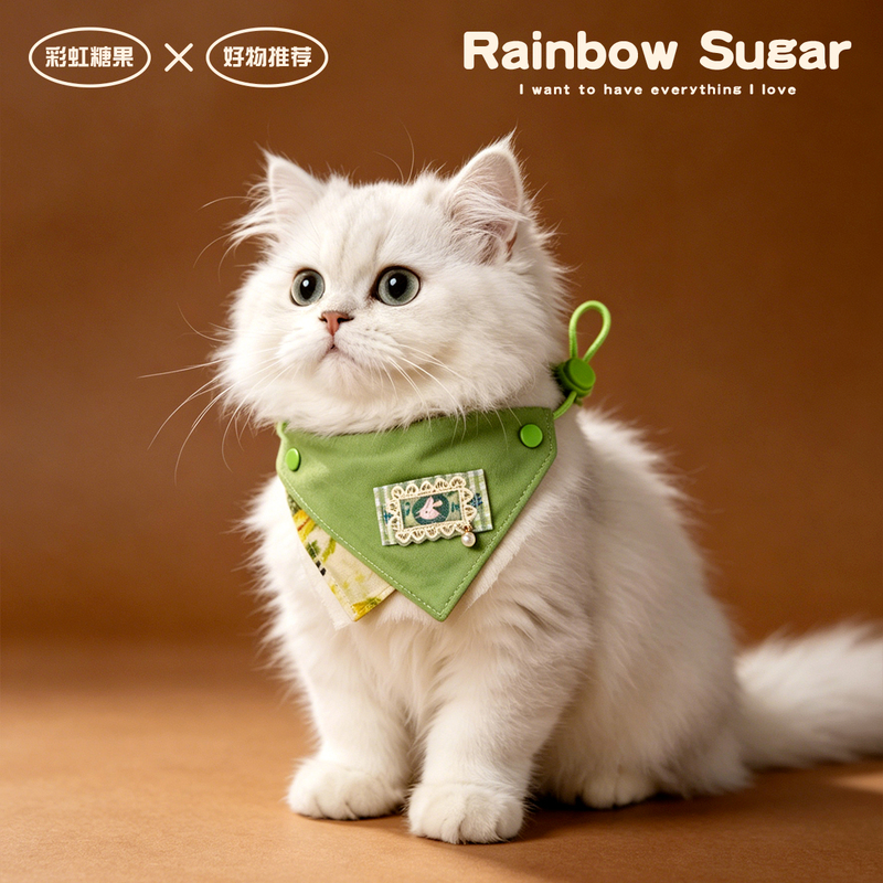 Matcha Green Bunny Pet Triangle Scarf with Double-Layer Floral Lining, Adjustable Strap, Cat and Puppy Bib Accessory