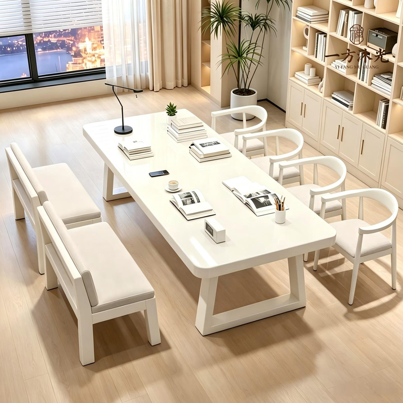 Cream-Colored Solid Wood Integrated Living Room Desk, Study Table, Simple White Dining Table, Long Table with Lacquer Finish