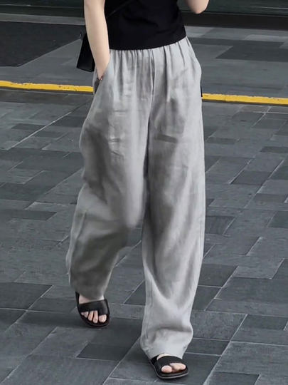 银灰色松紧腰垂感亚麻裤女2025夏季爆款气质简约舒适透气百搭长裤