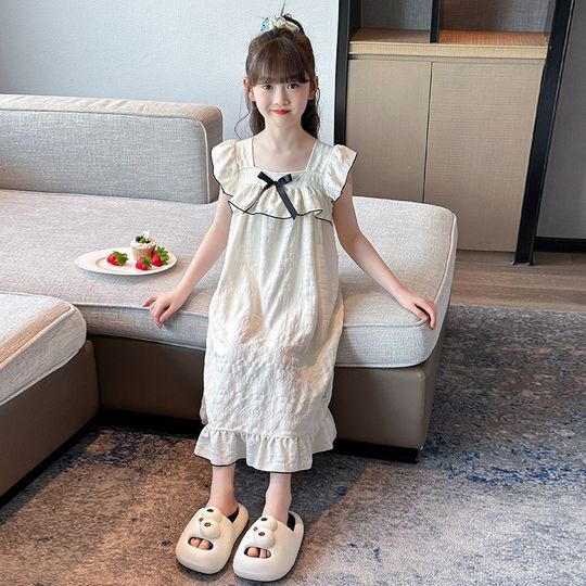 Girls nightgown 2024 new summer pajamas thin section big children girls children princess Q main style suspender skirt home
