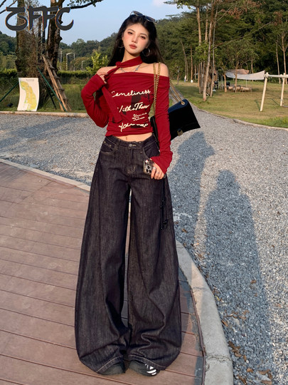 丹宁蓝美式阔腿牛仔裤女2025年秋季垂感慵懒感宽松深蓝色直筒裤子