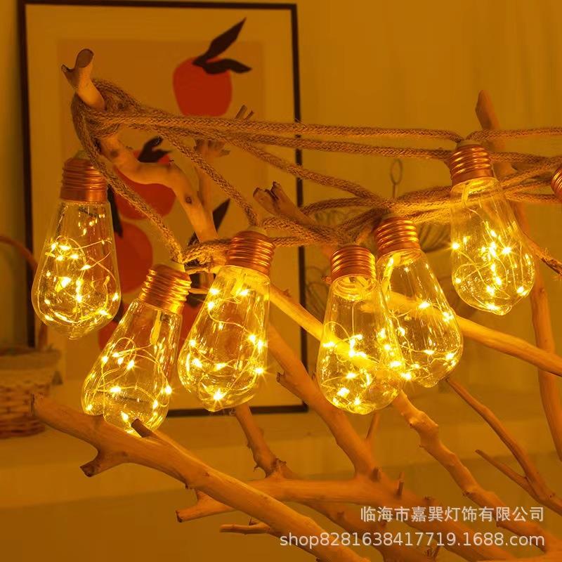 Solar hemp rope light string courtyard copper wire light bulb outdoor waterproof camping decoration Christmas lights B&B