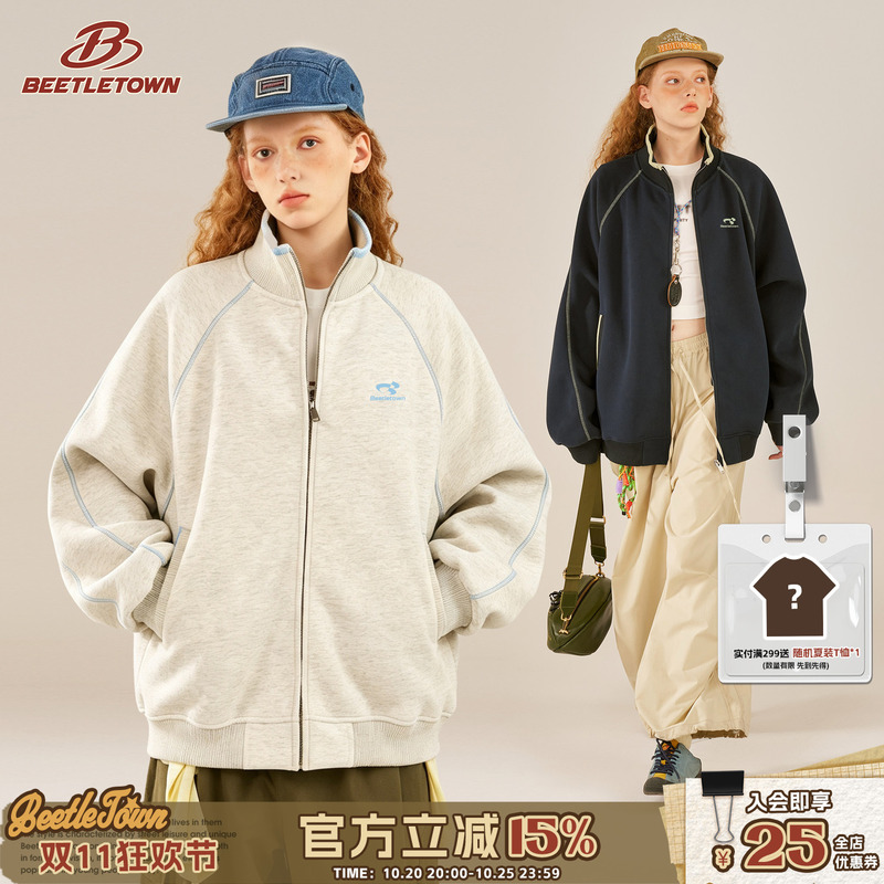 Beetle Town Color-Blocked Embroidered Stand-Up Collar Fleece-Lined Sweatshirt Jacket for Women, Warm and Loose-Fitting, Couple Style Sports Jacket Beetle Town Color-Blocked Embroidered Stand-Up Collar Fleece-Lined Sweatshirt Jacket for Women, Warm and Loose-Fitting, Couple Style Sports Jacket