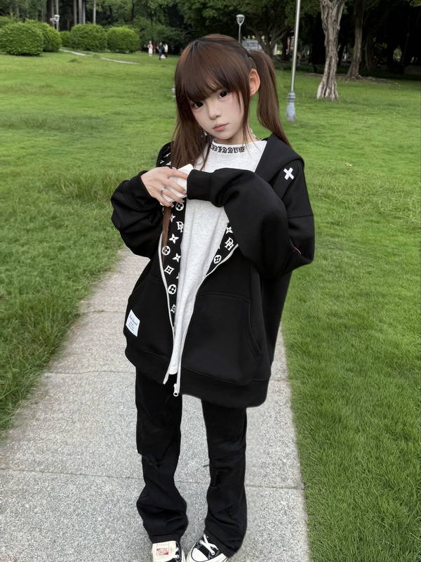 Nashao Dadi American Retro Style Hooded Sweatshirt Jacket with Full Letter Print and Embroidery