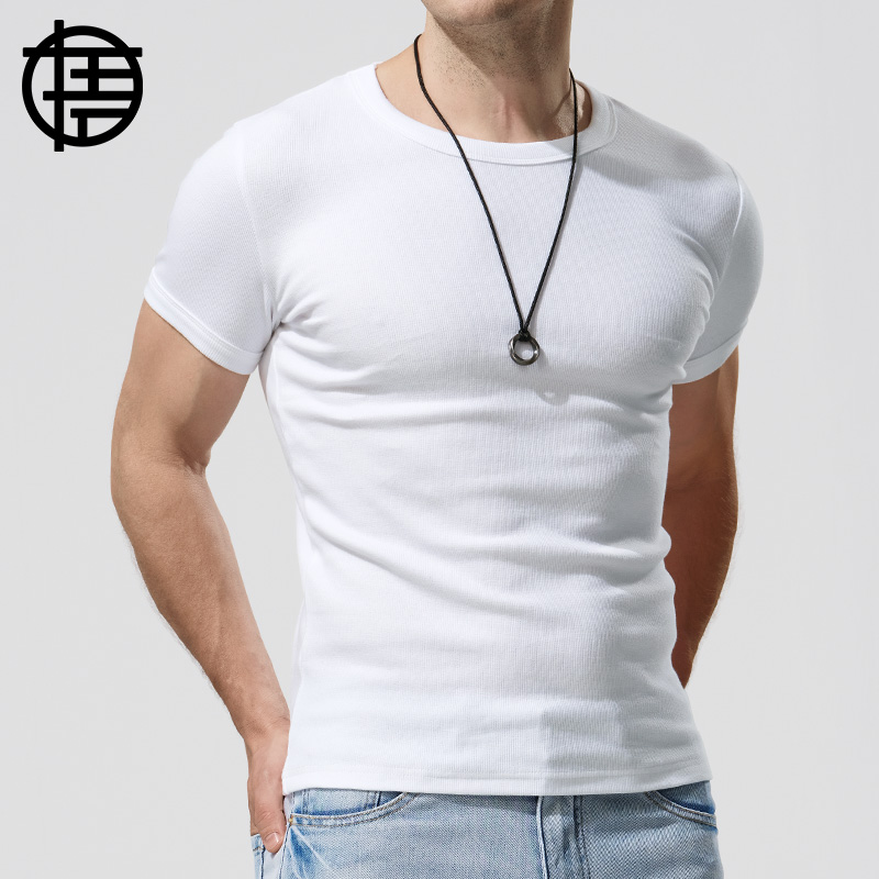 ヘビースレッド半袖Tシャツメンズ純白コットンスポーツスリムタイト伸縮性半袖2025夏新作