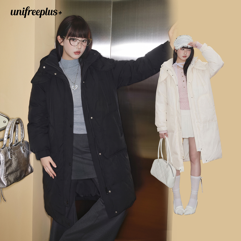 Unifreeplus Large Size Winter Hooded down Jacket for Women, Loose, Warm, Thickeneded, Windproof, Mid-Length Outwear