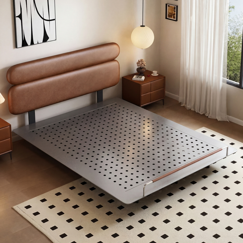 Genuine Leather Bed, Italian Minimalist Thin Bed with Carbon Steel Floating Bed Frame, 2026 New Model, Double Master Bedroom Bed, Tatami