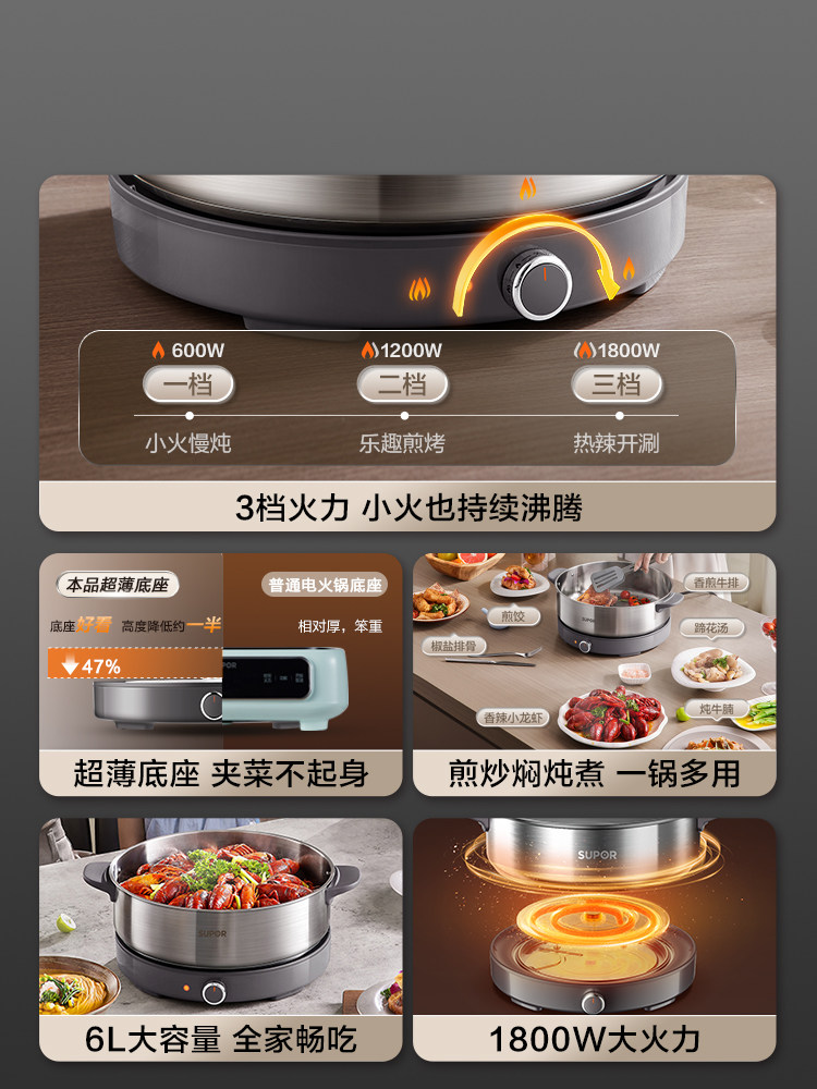 Supor Electric Hot Pot, Household Electric Pot, Detachable Electric Frying Pan, Hot Pot, Multifunctional All-In-One Frying and Cooking Pot, New Model