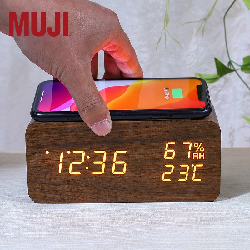 Japan MU smart wireless charging Clock креативные электронные деревянные светодиодные часы цифровой беспроводной будильник с температурой быстрой зарядки